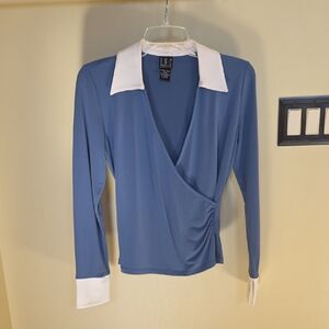 INC International Concepts Dusty Blue Wrap Blouse with White Collar